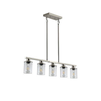 37" Brushed Nickel 5-Light Linear Chandelier - Contemporary Kitchen Island Pendant Light with Clear Glass Shades for Dining Room, Farmhouse, or Modern Decor