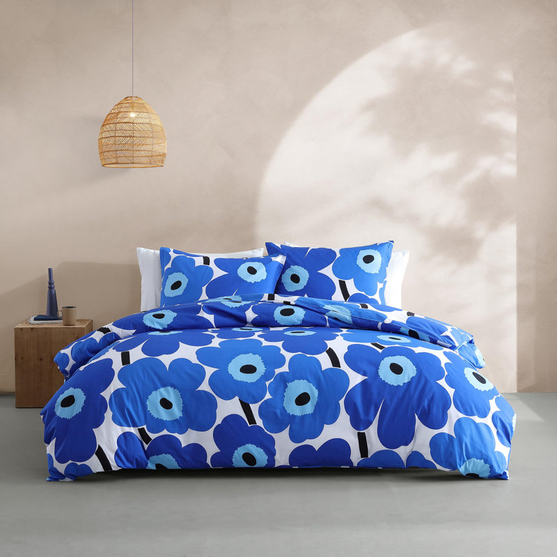 Marimekko Unikko Blue Cotton Reversible Comforter Set, Queen Comforter + 2 Standard Shams