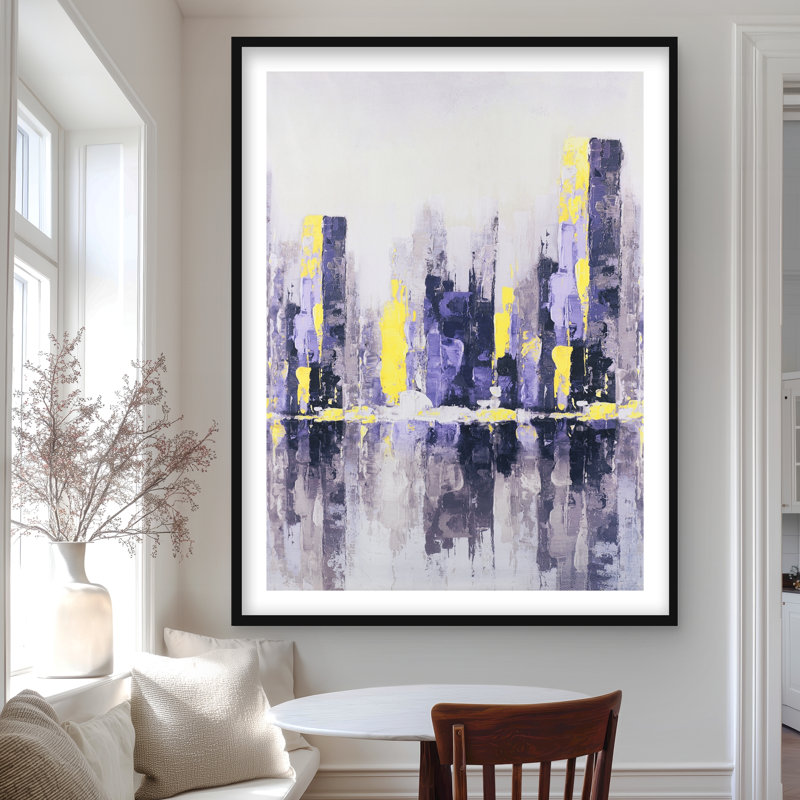 Abstrait ville mauve - reproduction encadrée avec passe-partout pour la décoration intérieure, H 48 po x l 36 po, Noir