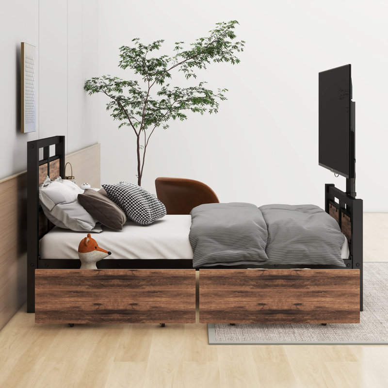 Selia Twin Size Metal Platform Bed with Two Storage Drawers and Rotatable TV Stand, Black/Brown