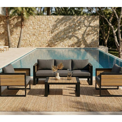 Grand ensemble de mobilier d'extérieur 4 pièces pour 5 personnes, canapé 3 places, 2 fauteuils avec tables d'appoint rabattables, structure en aluminium et plastique-bois, jardin moderne