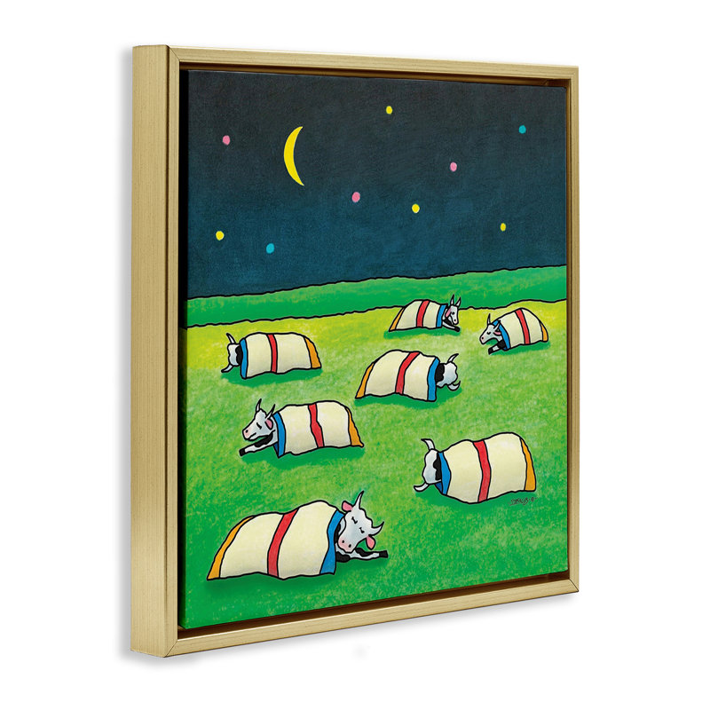 Cadre flottant Pasture Cows Bedtime, design par Roger Straub, H 18 po x l 18 po, Cadre flottant métallique doré