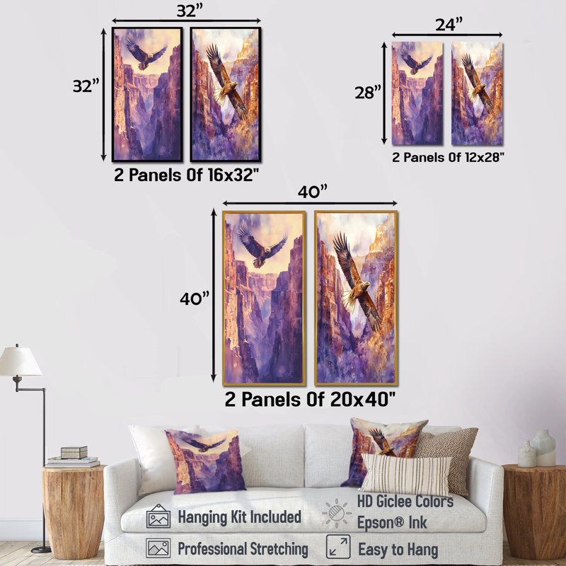 Aigle au-dessus du canyon I - animaux, art mural 2 pièces, H 28 po x l 25 po, Toile tendue