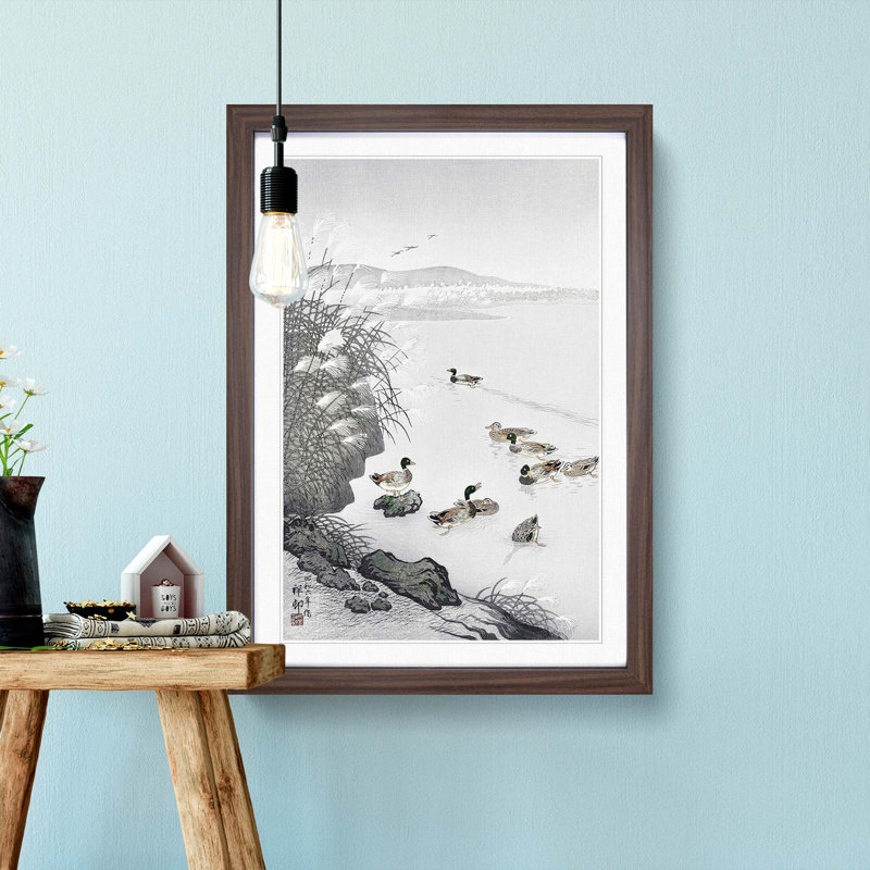 Mallard Ducks in the Water by Ohara Koson - Framed Print, 65cm H x 48cm W x 2cm D, Walnut Framed