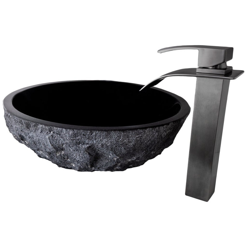 Novatto 17'' Granite Circular Bathroom Sink with Faucet, Mattel Black
