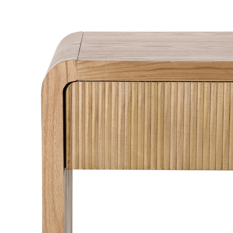 3 - Drawer Vertical Slatted Console Table With Rounded Edges, Brown And Wood Veneer, Stable For Home Drawers, Groove Design, Round Edge, Ample Storage In