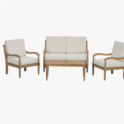 4 Piece Sofa Seating Group with Cushions, Outdoor Acacia Wood Patio Seating Group,Natural+Beige