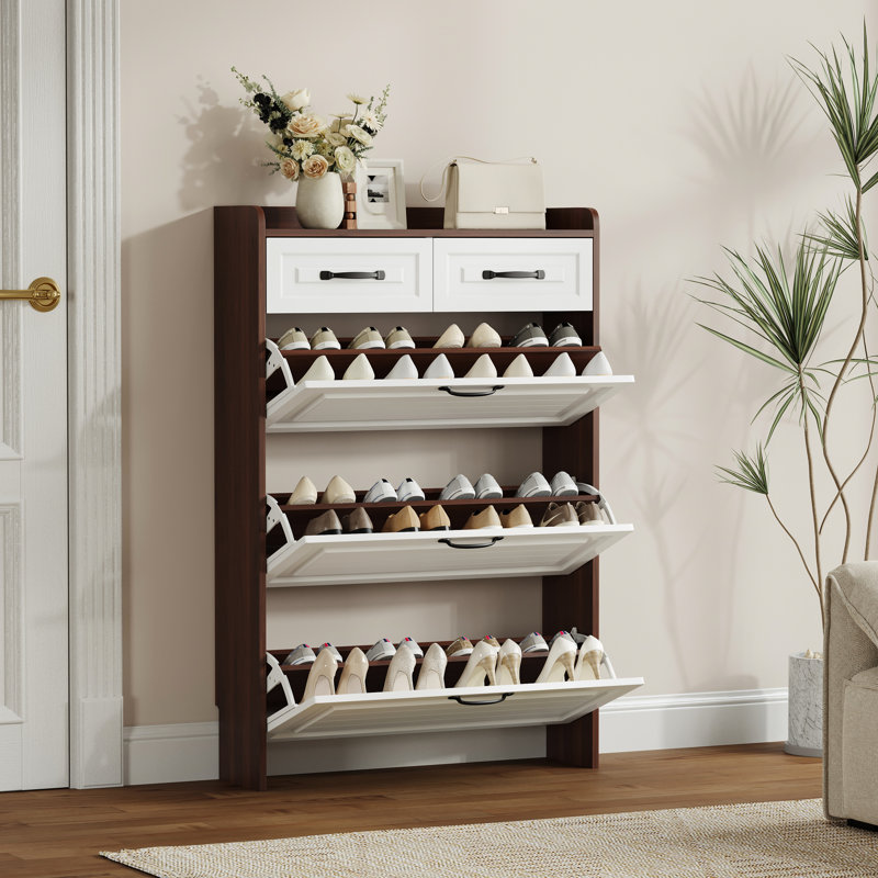Armoire à chaussures autoportante en noyer avec 2 tiroirs et 3 portes 3 portes 2 couleurs, s'adapte à divers styles de décoration intérieure
