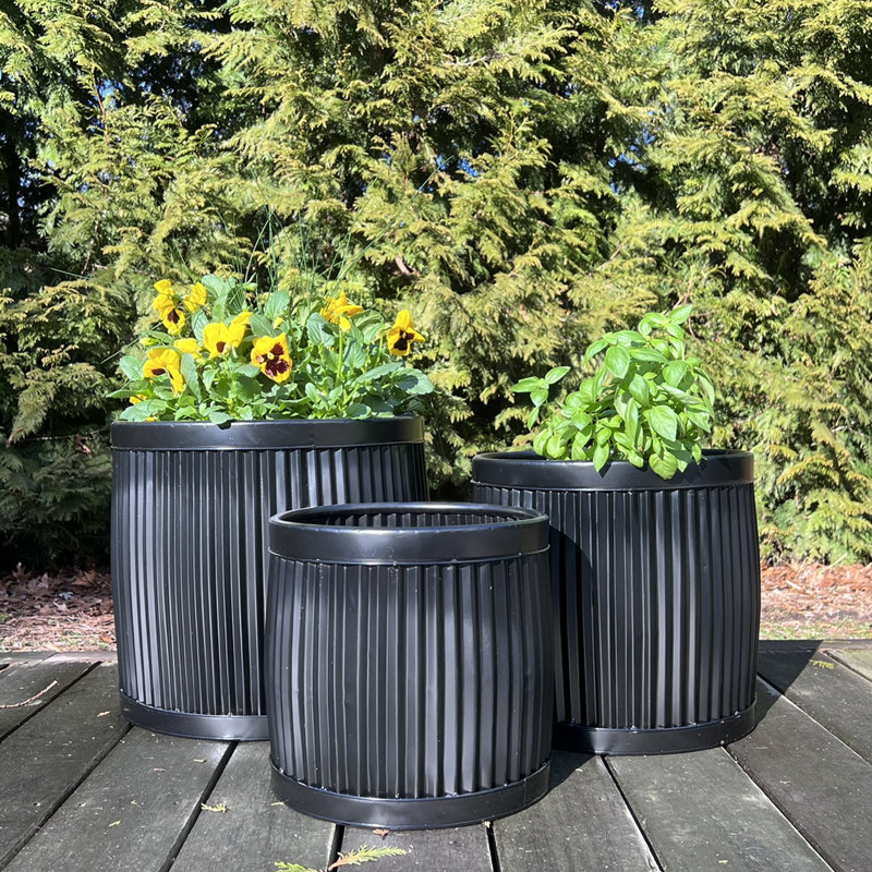 3 Piece Armano Belly Bucket Planters, Glossy Black