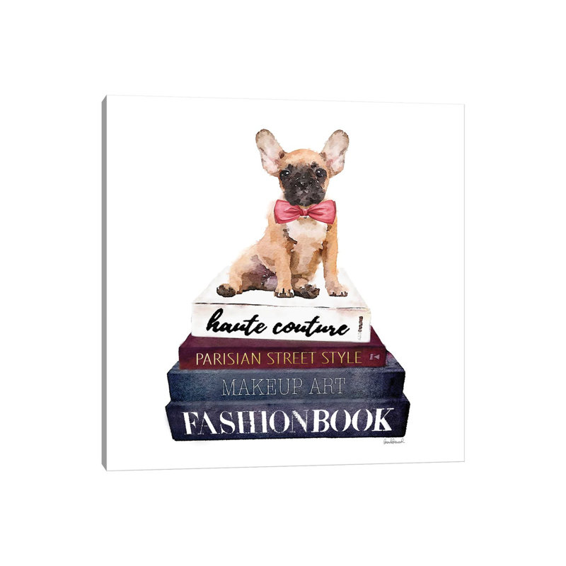 Stack Of Fashion Books With A French Bulldog by Amanda Greenwood - Wrapped Canvas Print, 93.98 cm H x 93.98 cm W x 1.91 cm D