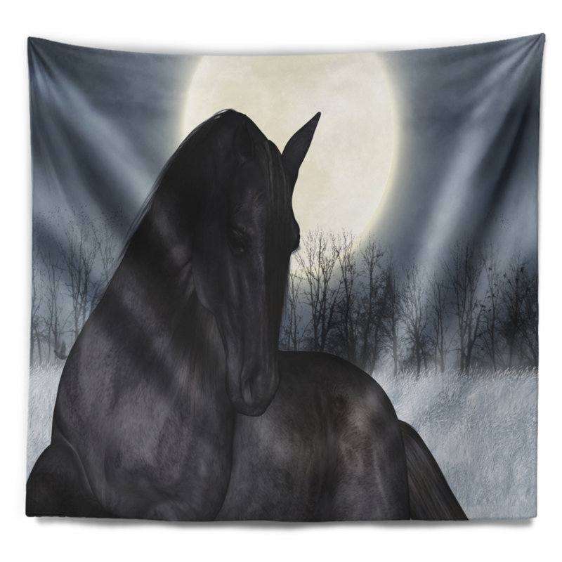Tapisserie cheval noir au clair de lune, H 32 po x l 39 po