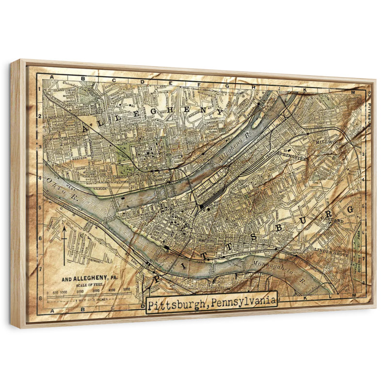 Carte rétro de la ville de Pittsburgh, Cadre flottant en bois naturel, 40 po x 27 po