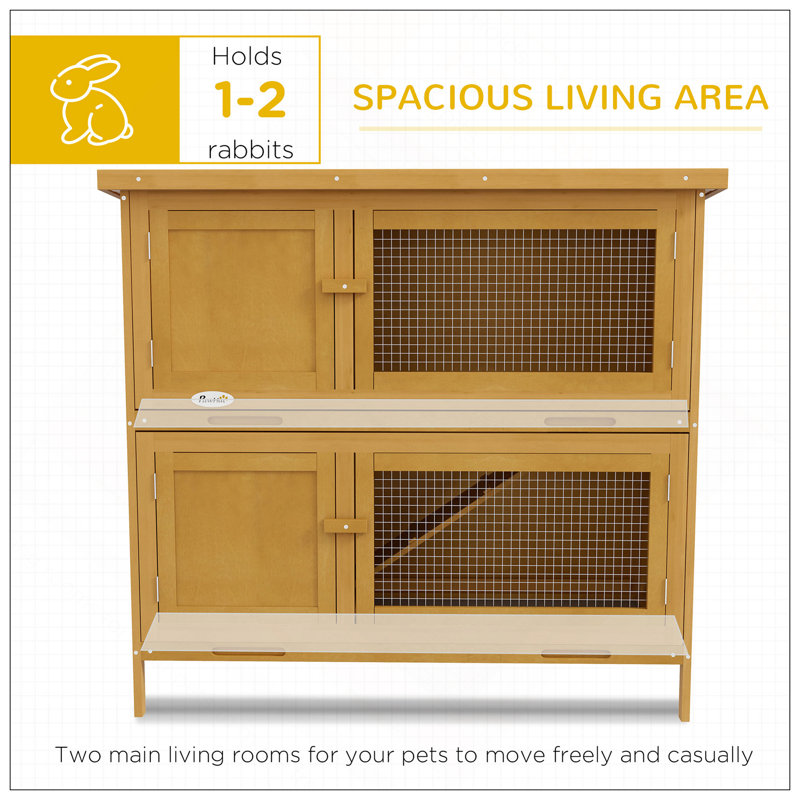 Cage à lapin en bois, petit animal avec rampe, plateau amovible et toit résistant aux intempéries, intérieur / extérieur, jaune