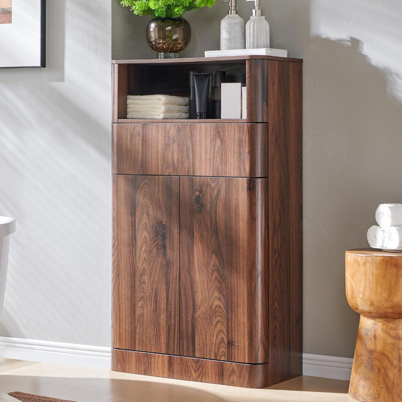 Armoire de rangement autoportante pour salle de bain, armoire de plancher en bois avec 1 tiroir et 2 portes, brun, Brun