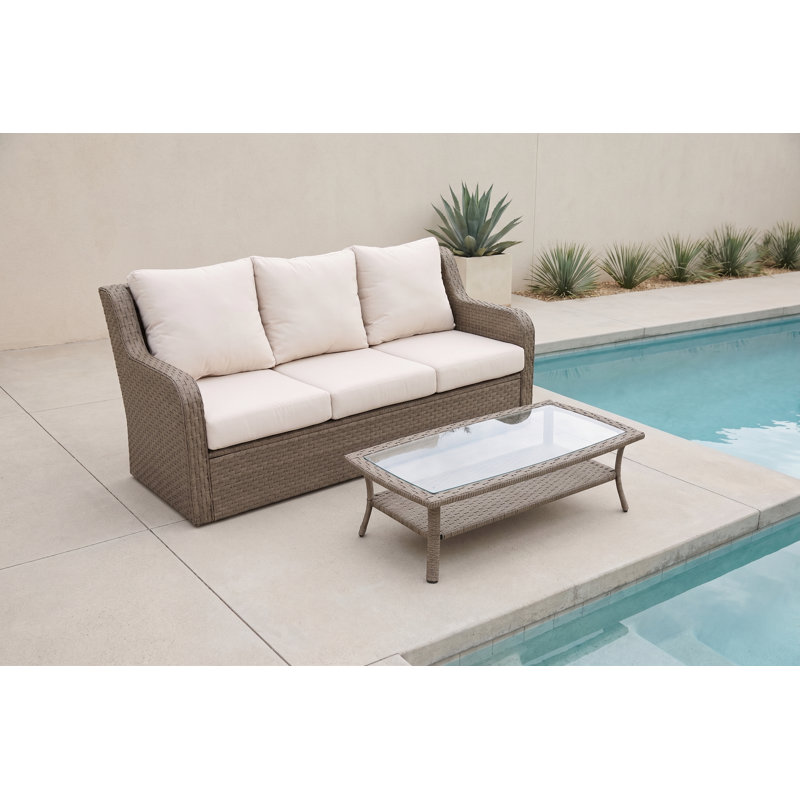 Ensemble de canapé d'extérieur en rotin gris clair 2 pièces avec table basse Camil - Mobilier de patio résistant aux intempéries avec coussins blancs