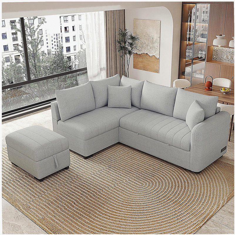 Canapé-lit de 82,6 po en forme de L avec deux ports USB, deux prises de courant et un tabouret de rangement amovible, gris