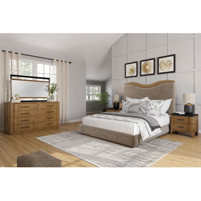 Carstens 5 Piece Urban Modern Bedroom Set With Upholstered Panel Bed, Eucalyptus Veneer & Stone Top Nightstands