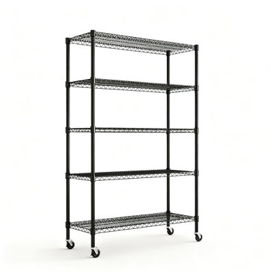 5 Tier Wire Shelving Unit With Wheels And Leveling Feet, 1750 Lbs Capacity, Heavy Duty Metal Storage For Office Warehouse, Vertical Orientation, American Design, Black Color Iron Adjustable Height,
