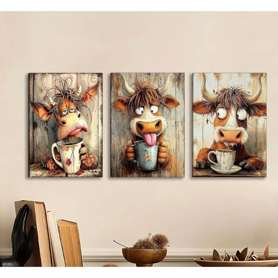 3Pcs Funny Cow Canvas Wall Art Humor Dreaming Cow Drinking Coffee Wall Decor Pictures Playful Country Farmhouse Animals Posters Prints Paintings For Living Room Bedroom Kids Room Bathroom Decoration