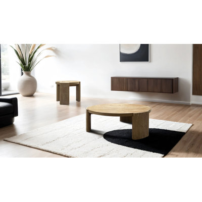 Table basse ronde Modern Modern, base à panneau 1Pc, finition chêne d'hévéa | Idée de cadeau