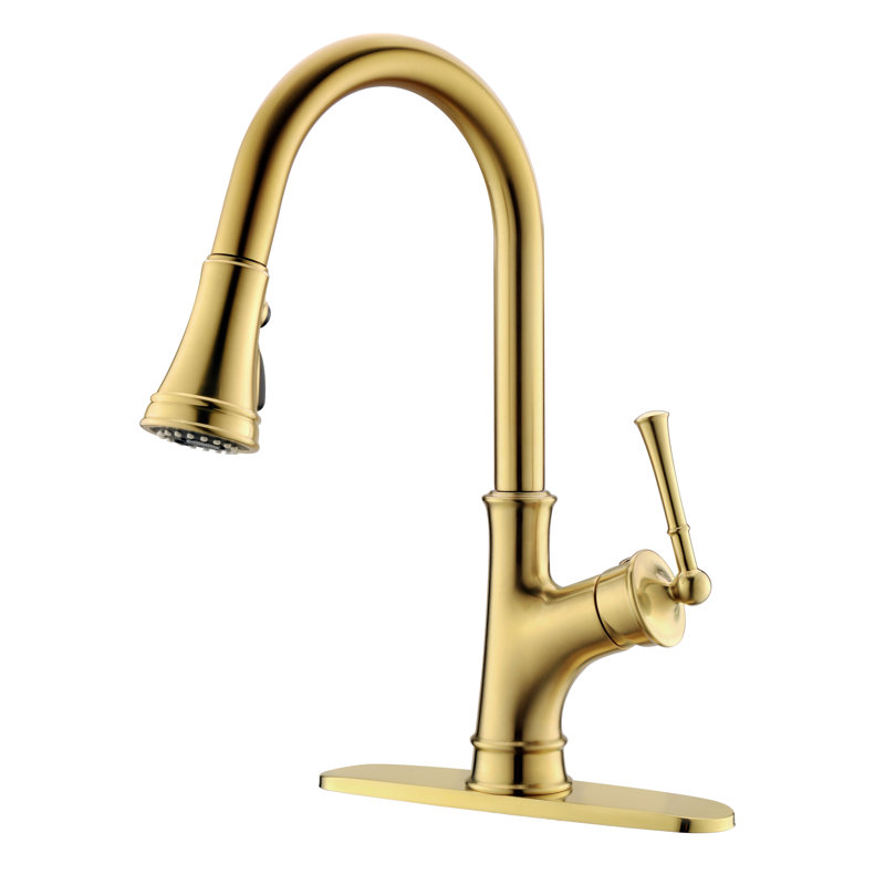 Pull Down Single Handle Kitchen Faucet with Sprayer and Deck Plate, Brushed Gold