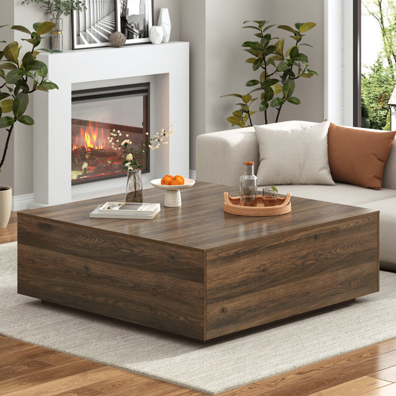 Table basse moderne carrée 47 po avec 2 tiroirs, grande table centrale carrée, table basse en bois pour le salon, Noyer