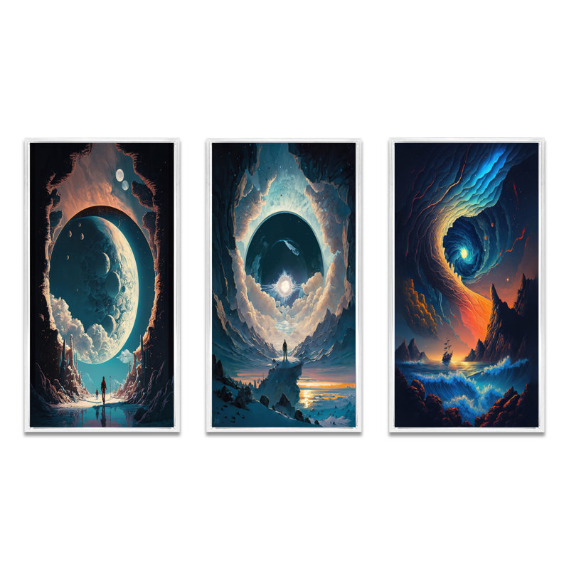 «Inspiring Moon'S Outer Space View», 3 pièces sur toile, Cadre flottant blanc, H 28 po x l 36 po