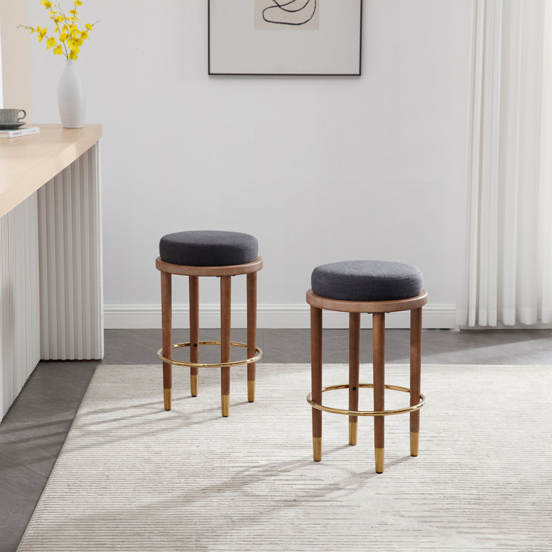 Modern Upholstered Bar Stool Without Backrest With Gold Ring Stirrups, Linen - Charcoal Seat/ Brown Frame