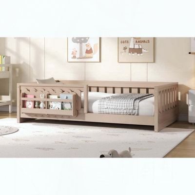 Wood Twin Size Platform Bed with Guardrail and Storage Shelves