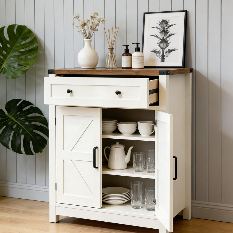 Kitchen Storage Cabinet,Modern Farmhouse Buffet Cabinet With Storage,Coffee Bar With Drawer And 2 Doors, White