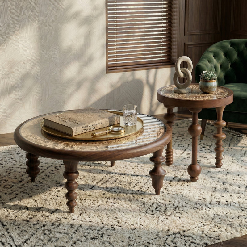Ensemble de 2 tables basses gigognes 2 pièces en bois de frêne massif avec plateau en bois sculpté et verre