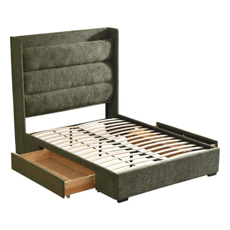 Upholstered Platform Bed With Tall Headboard And Spacious Solid Wood Drawers, Green, Queen