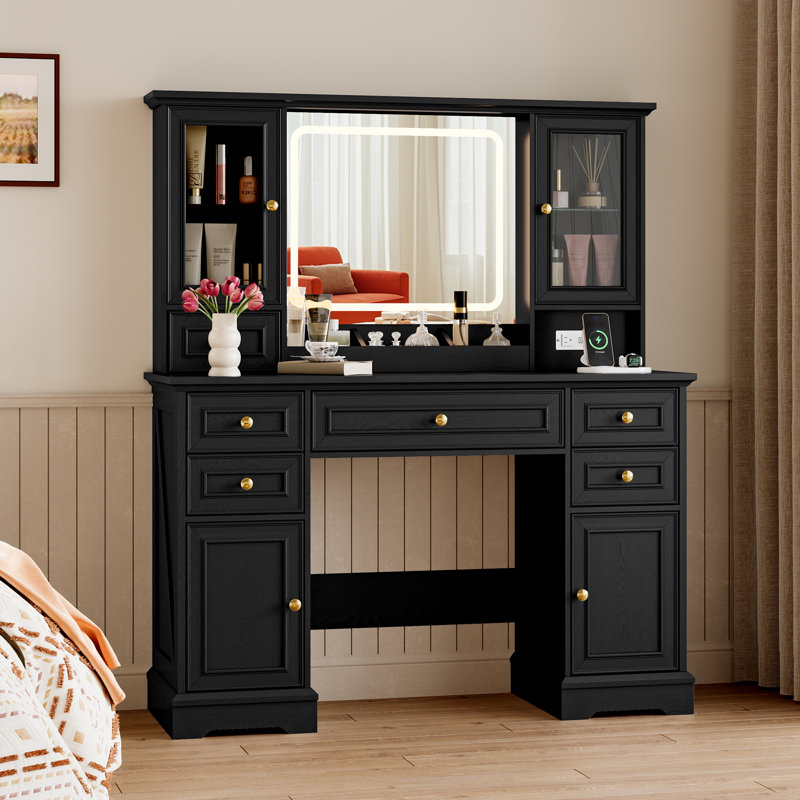 Modern Vanity Desk With HD Lighted Mirror & Power Outlet, Vanity Table With Storage Cabinet & 7 Drawers, with Brightness Lighting
