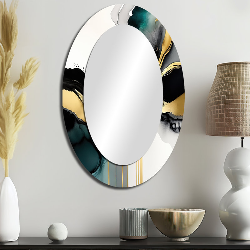 Abstrait géométrique en marbre blanc et doré V - grand miroir mural ovale sur métal, 36 po x 24 po