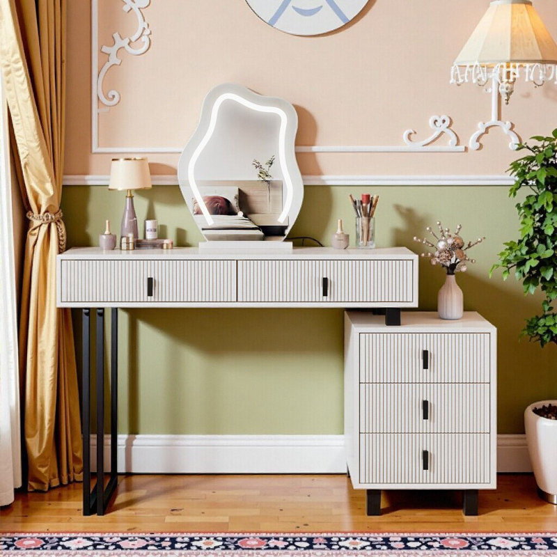 Meuble-lavabo ajustable avec miroir à DEL UnaLuz - Table de maquillage moderne avec tiroirs de rangement et armoire latérale pour la chambre à coucher