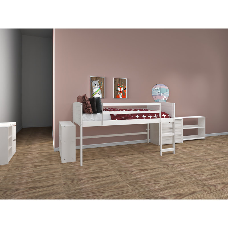 Hagen Twin Wood Platform Loft Bed with Bookcase by Sunside Sails, White