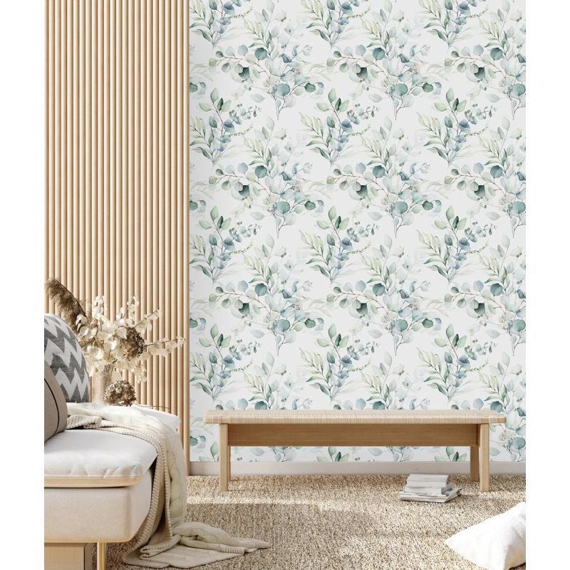 Panneau de papier peint à feuilles et aquarelle vert L 18,75 pi x l 25 po