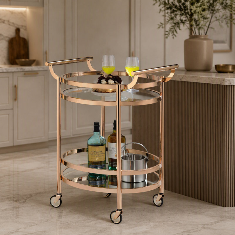 Chariot de service ovale avec verre transparent et tablettes miroir, cadre en métal or rose