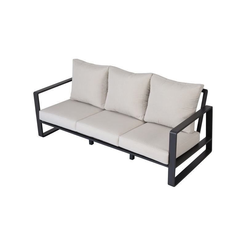 Canapé d'extérieur moderne en aluminium 3 places avec coussins en toile blancs résistants aux intempéries - Structure noire