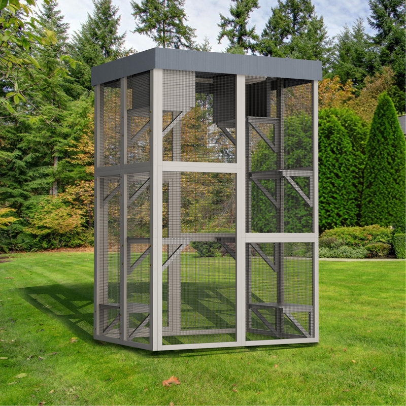 Enceinte d'extérieur en bois de 70,5 pouces de hauteur Catio, maison de chat grise avec 6 plateformes et 2 maisons pour faire la sieste, housse de bâche mobile