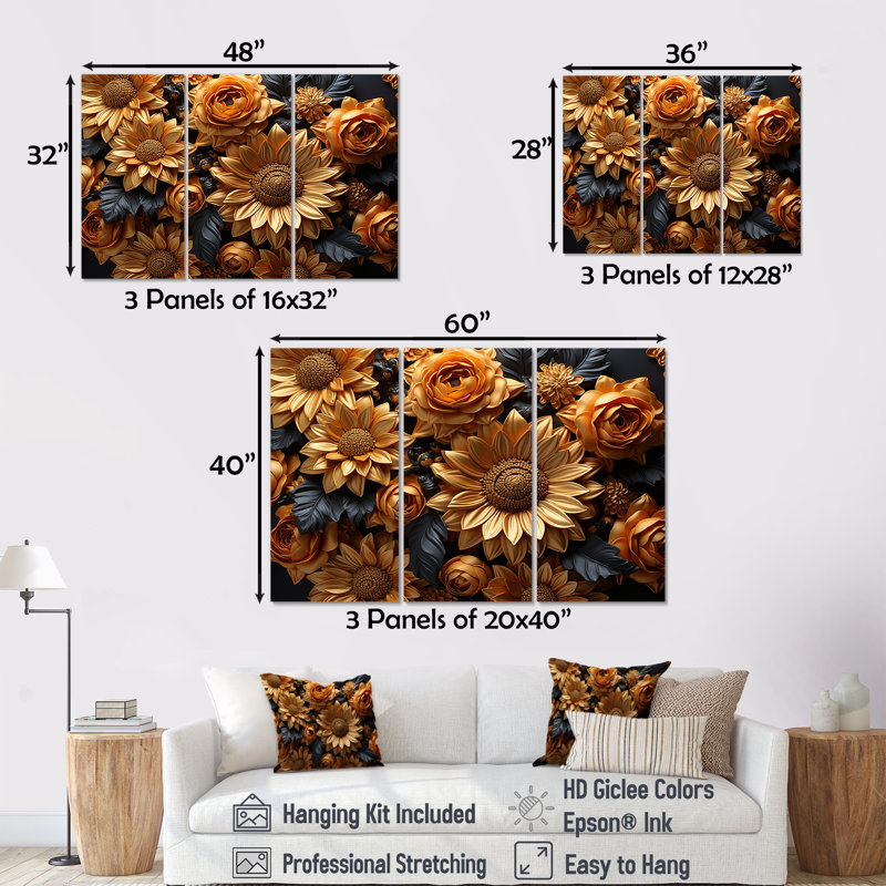 Tournesols ornés d'accents dorés I - Ensemble de décorations murales tournesols, Toile tendue, H 32 po x l 48 po x P 1 po