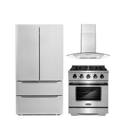 3 Piece Kitchen Package With 30"" Freestanding Gas Range With Custom Handle And Knob Kit 30"" Wall Mount Range Hood 36"" French Door Refrigerator -  Cosmo, COS-4PKG-1035