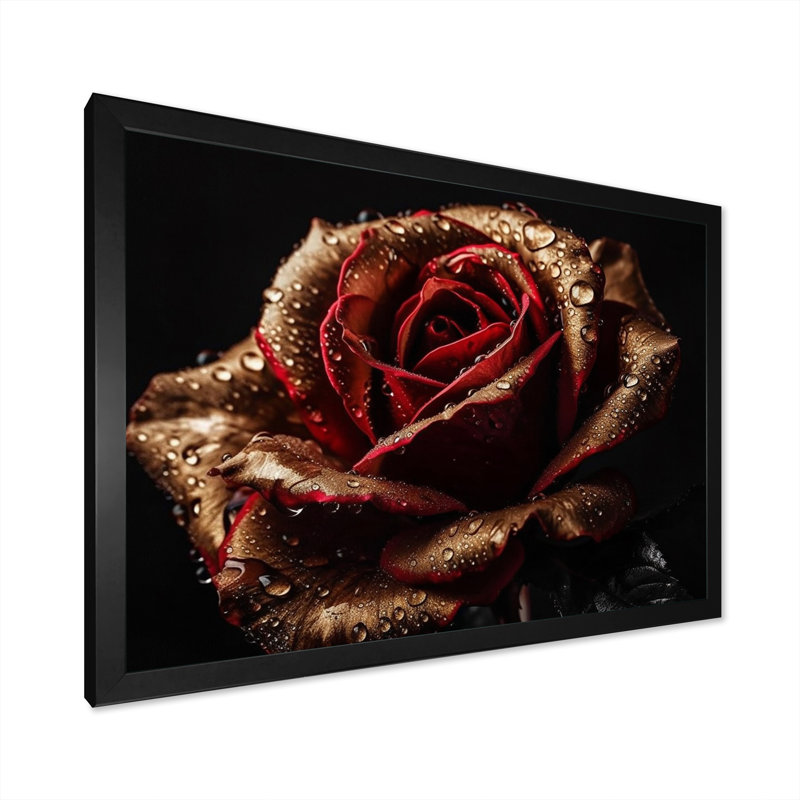 Morning Dew On Exquiste Red Rose - Art mural rose, H 12 po x l 20 po x P 1 po, Cadre simple noir