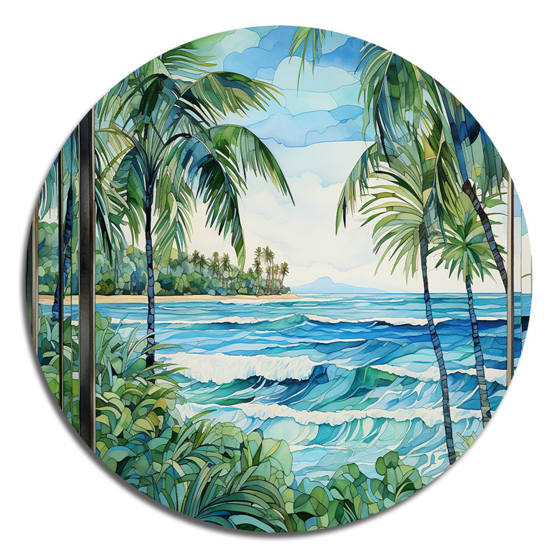 Tranquillité de plage côtière tropicale - art rond en métal côtier, H 16 po x l 16 po