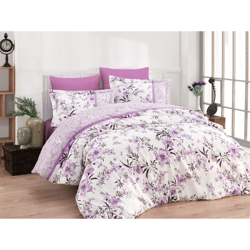 Ensemble de housse de couette 100% coton 3 pièces Gassville, Blanc / lilas / brun