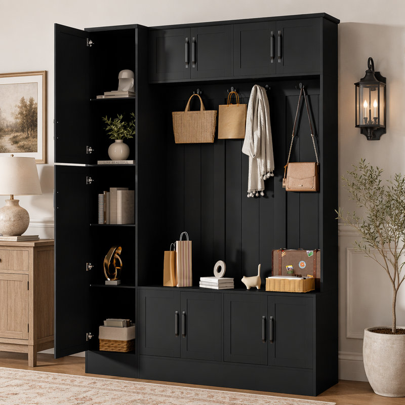 79'' Tall Hall Tree with Storage Cabinets, 4-in-1 Entryway Bench with Coat Hooks and Adjustable Shelf, Modern Entryway Organizer for Hallway Living Room