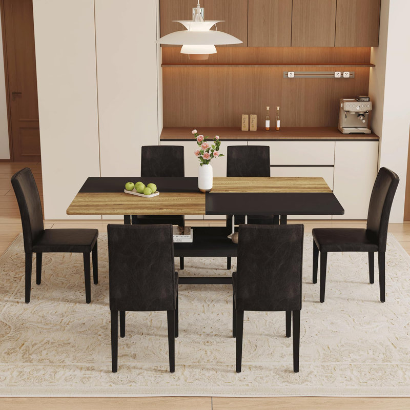 Ensemble de table de salle à manger rectangulaire pour 6 personnes, ensemble de table de salle à manger de style campagnard de 71 po avec 6 chaises rembourrées et tablette de rangement, plateau de table en bois avec structure en métal, fendu noir / bois