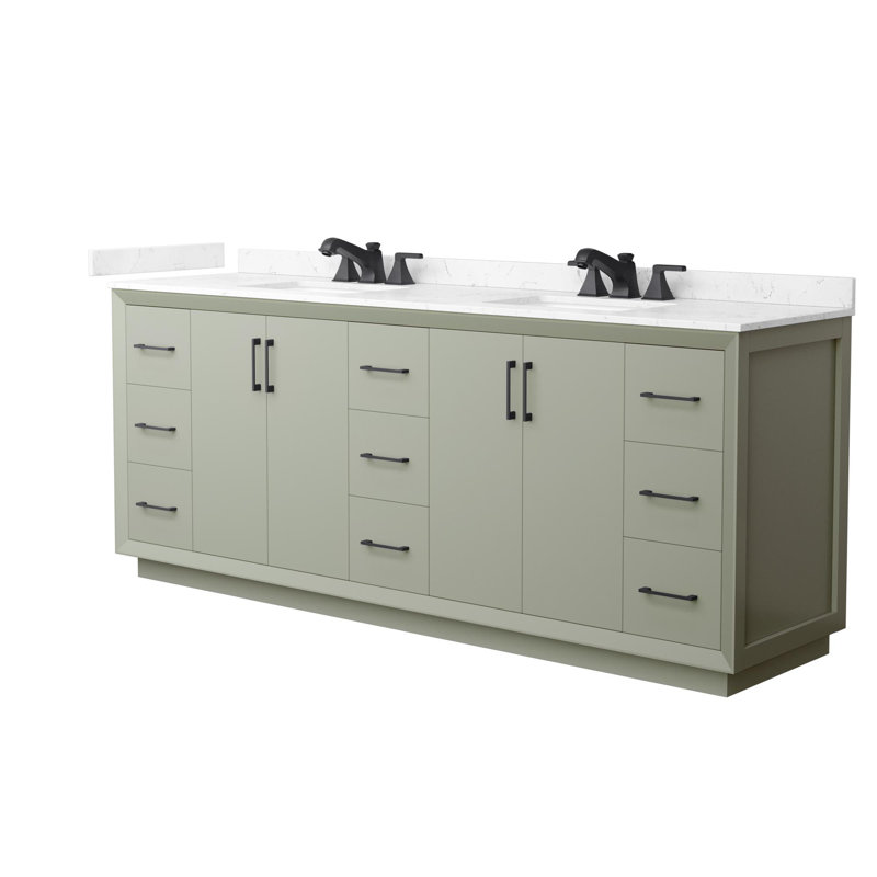 Strada 84" Freestanding Double Bathroom Vanity with Cultured Marble Top, Green, Matte Black