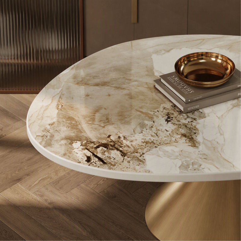 Table basse ovale en faux marbre de 125 cm (49,2 po), piètement contemporain en acier inoxydable, table centrale moderne pour salon