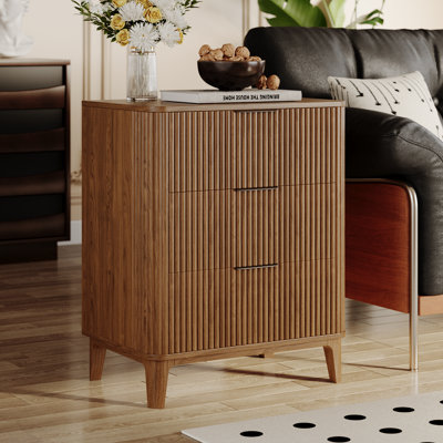 27.56" Fluted 3 Drawers Dresser For Bedroom With Dresser Organizer, Wood Tall Chest Of Drawers & Nightstand
